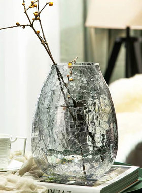 特大号 轻奢琉光冰花玻璃花瓶透明花器 美式家居装饰插花花瓶摆件