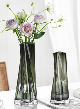 轻奢花瓶摆件客厅原色玻璃斜纹水养插花鲜花餐桌装饰高级感ins风