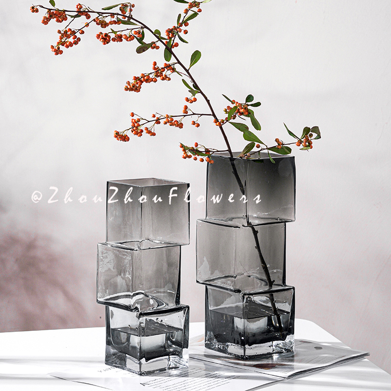 ins风创意错位玻璃透明花瓶轻奢桌面摆件插花高级感网红水养鲜花