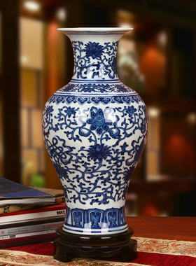 景德镇陶瓷器 古典青花瓷八宝纹台面花瓶 中式明清书房装装饰摆件