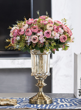 欧式高档玫瑰花束客厅餐桌插花花瓶摆件现代轻奢装饰花艺家居饰品