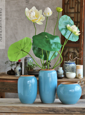 清荷裂纹蓝色景德镇陶瓷花瓶摆件禅意中式客厅样板房酒店软装饰品