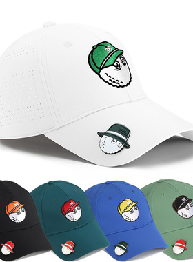 韩国高尔夫球帽男女同款烧孔透气golf cap户外运动防晒帽子白蓝色