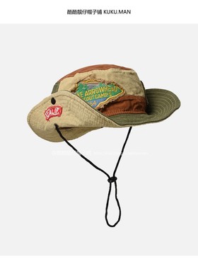 个性渔夫帽子男女复古补丁贴布街头潮牌登山帽户外露营西部牛仔帽
