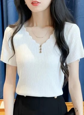 夏季新款大码冰丝短袖T恤女装韩版修身半袖V领针织打底衫上衣女潮