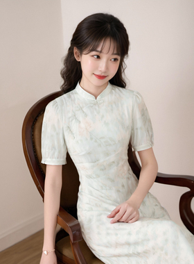 新中式改良女装连衣裙2024新款夏季气质复古薄荷小个子绿裙子1129