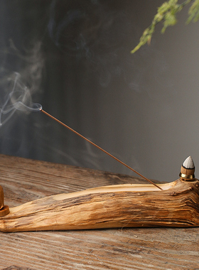 香插线香座木质崖柏倒流香炉摆件复古小沙弥创意茶道檀香炉熏香炉