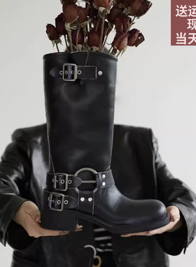 单扣长筒靴女miu家阿希哥同款2023年超火方头粗跟高筒靴棕色靴子
