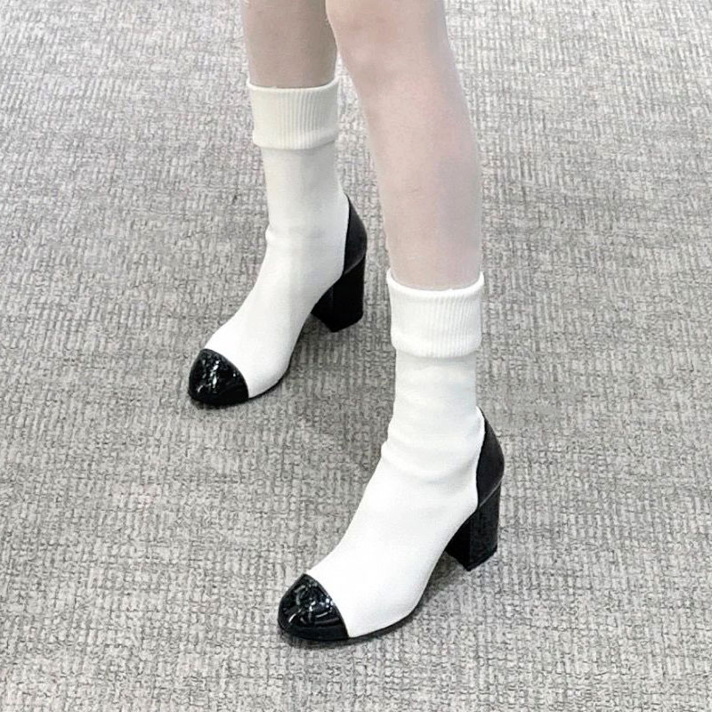 2023新款高级感小香风拼色针织袜子靴法式粗跟高筒靴女靴高跟靴子