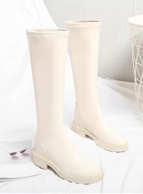 品牌真皮骑士靴子女2022春秋新款白色内小个子长靴显瘦长筒靴