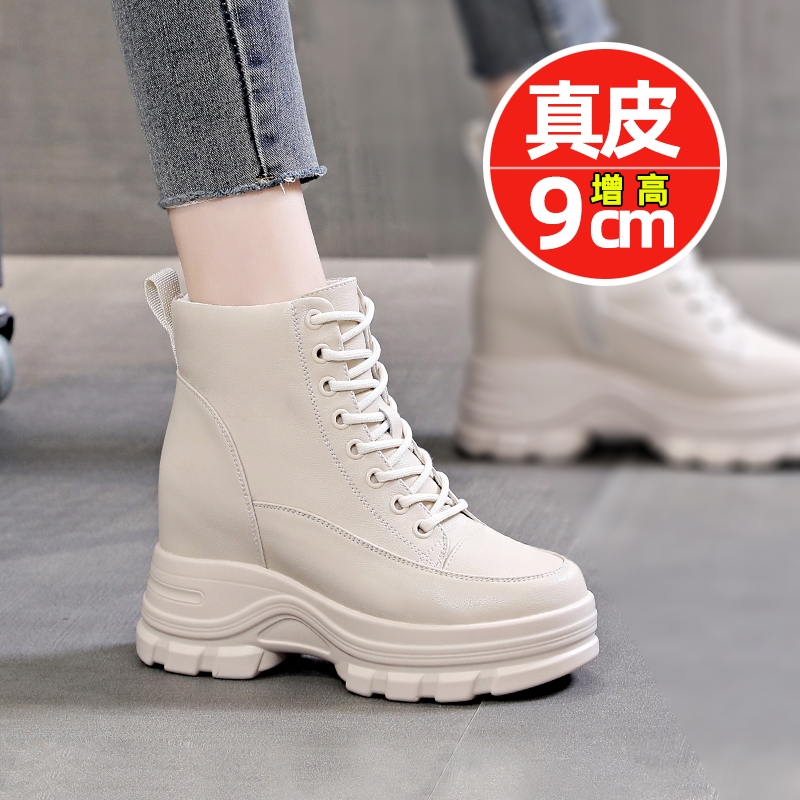 香港米白色马丁靴女款9cm真皮短靴爆款厚底英伦风高跟内增高靴子