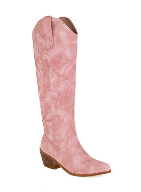 粉色高筒靴白色时装靴子民族风刺绣骑士靴粗中跟高筒靴大码43-45