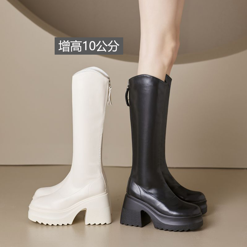 增高10厘米厚底高筒靴女2024新款长筒靴加绒高跟靴子小个子骑士靴