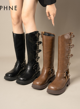 达芙妮美拉德靴子女长筒靴2023秋冬新款棕色高筒靴复古西部牛仔靴