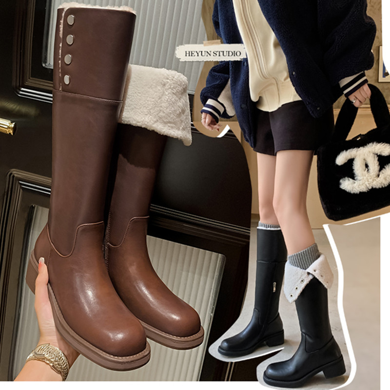 全牛皮靴子女秋冬2024新款长筒靴棕色高跟粗跟加绒骑士靴高筒长靴