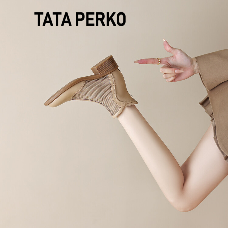 TATA PERKO联名真皮网红马丁靴子女夏季薄款透气镂空凉靴网纱短靴
