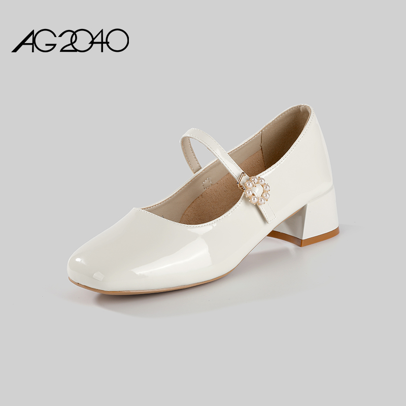 AG2040浅口女春季新款一字带法式玛丽珍鞋复古粗跟休闲小皮鞋单鞋