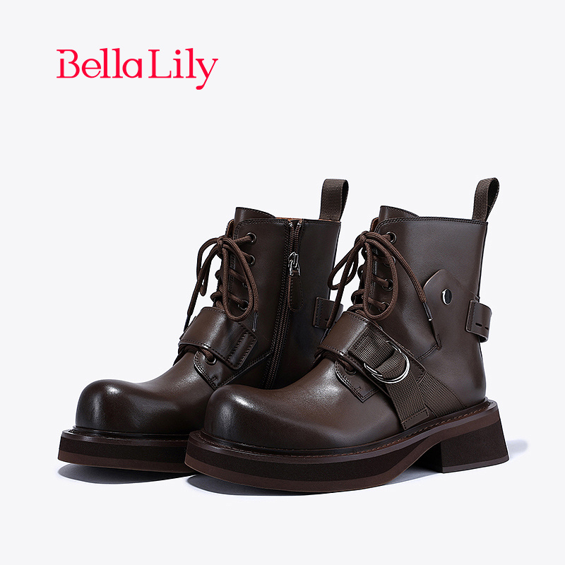 BellaLily春季新款增高复古马丁靴女牛皮中筒靴显瘦机车靴子