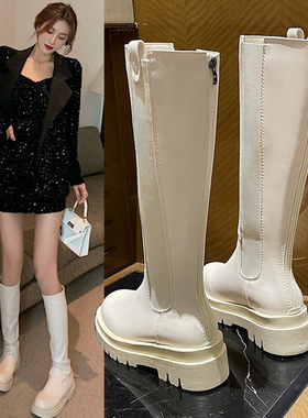 白色长靴女2024年冬季新款加绒高筒骑士靴中筒靴厚底烟筒靴子显瘦