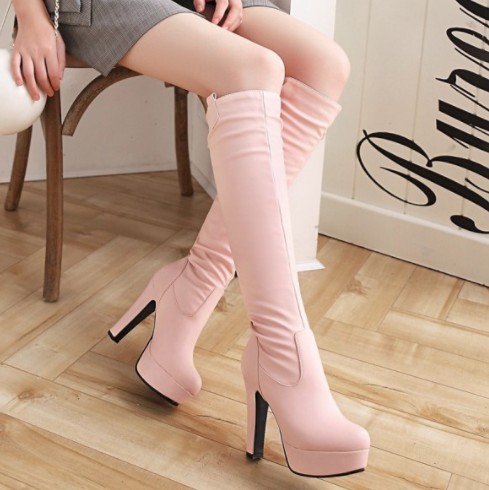 粉色女靴子粉色高筒靴粗跟骑士靴大码41 42 43 44 45码超高跟靴子