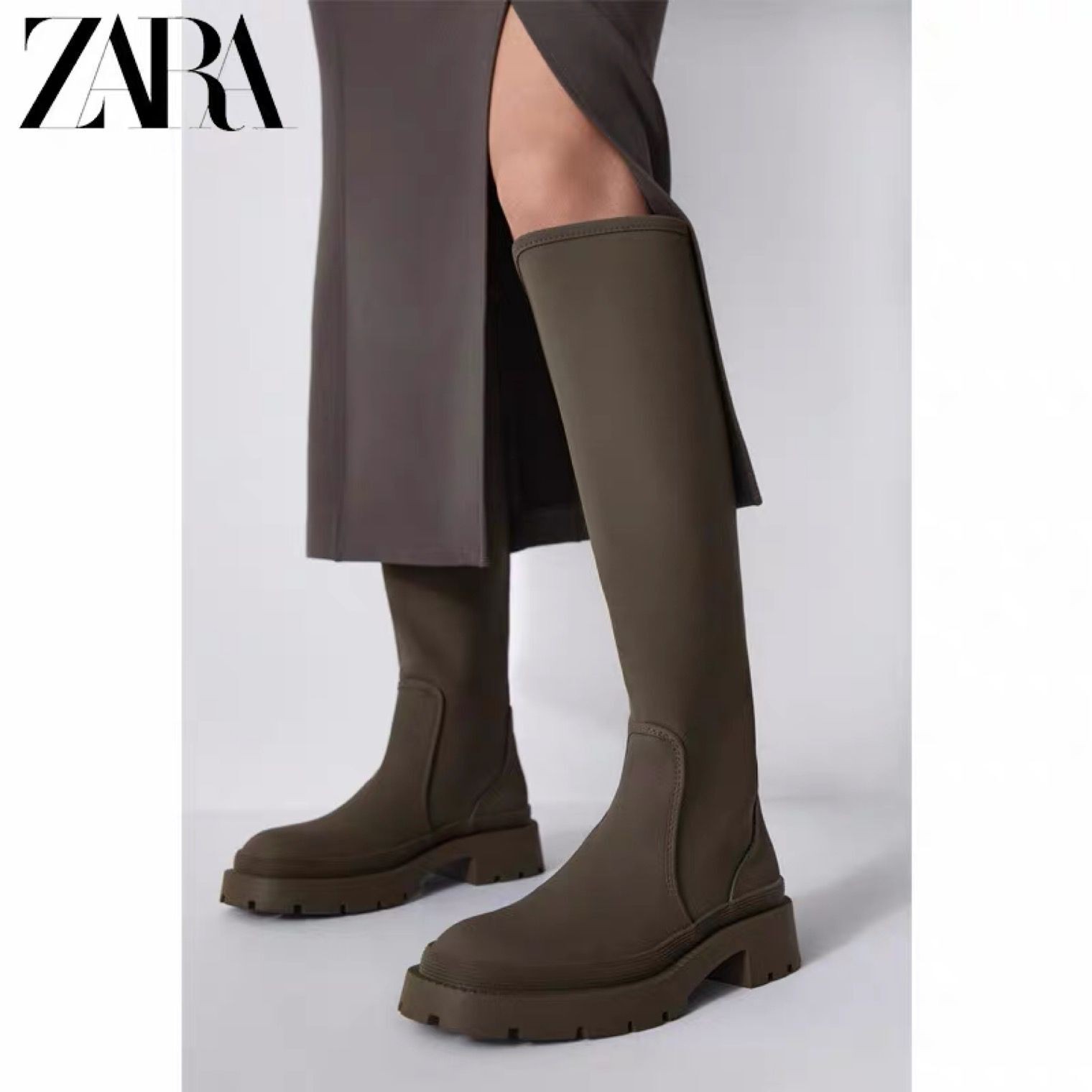 现货ZAR正品女鞋新款高筒靴厚底平底长筒骑士靴显瘦不过膝长靴子