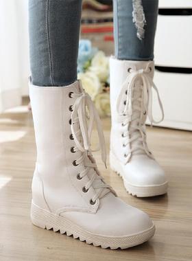 单靴子女春秋款短靴内增高中筒靴平底女靴韩版冬季马丁靴系带白色