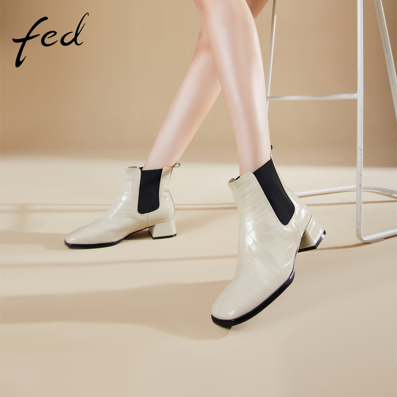 fed靴子女冬季新款方头粗跟瘦瘦靴工装靴法式小短靴女1108-ZFA353