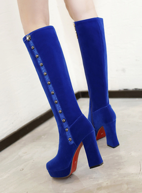 性感蓝色女靴子时尚铆钉防水台超高跟粗跟骑士靴高筒靴大码40-43