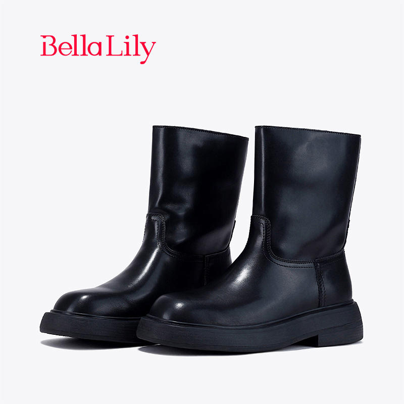 BellaLily2024春季新款简约气质中筒靴女百搭瘦瘦靴厚底时装靴子