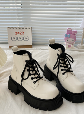 厚底马丁靴女春夏2024年新款小个子增高系带白色复古英伦风短靴子