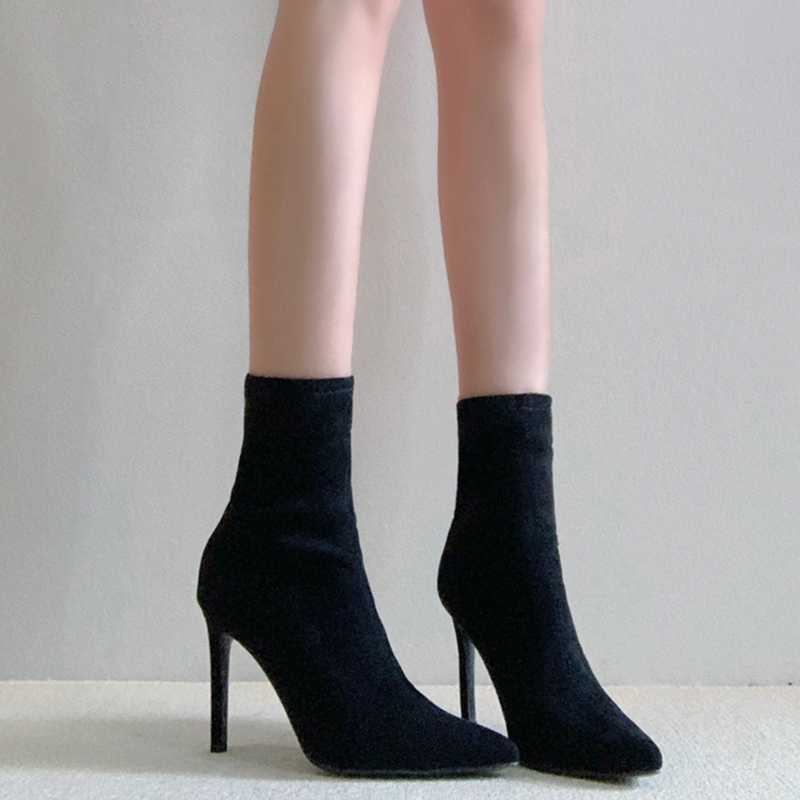 瘦瘦靴短靴女秋冬季2023新款黑色高跟鞋加绒靴子细跟尖头弹力袜靴
