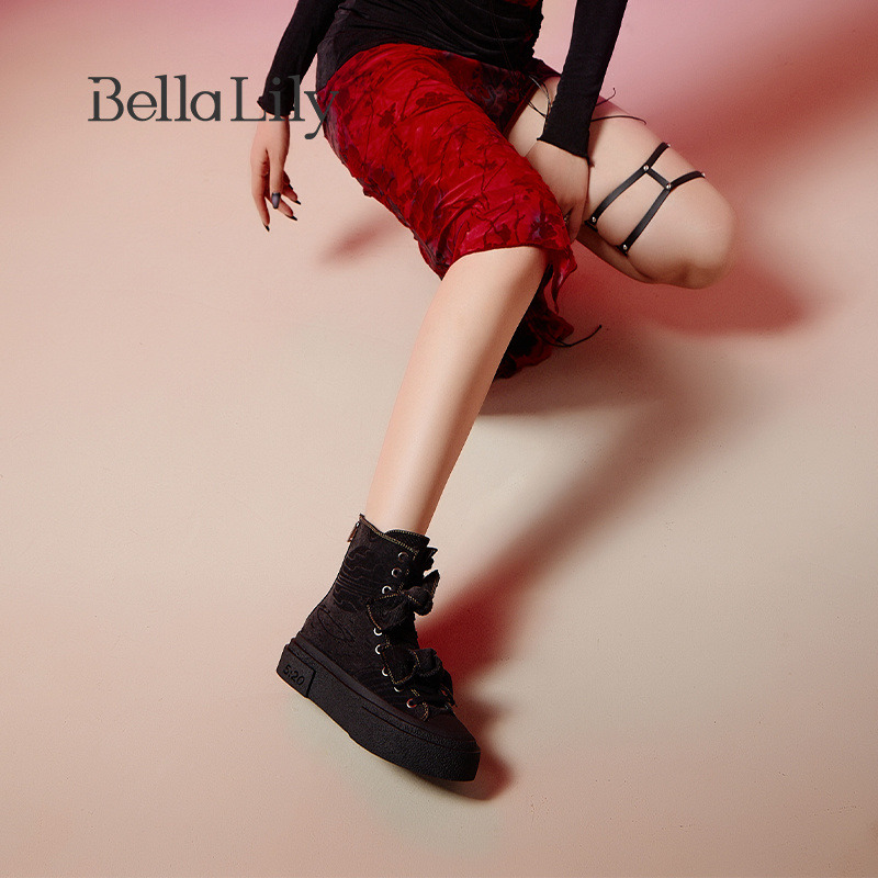 BellaLily春季新款牛仔布中筒靴女高帮帆布鞋蝴蝶结马丁靴子