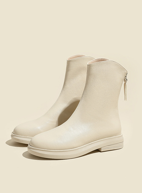 羊皮版~冬季新款网红后拉链白色瘦瘦靴春秋短靴女靴子中筒小踝靴