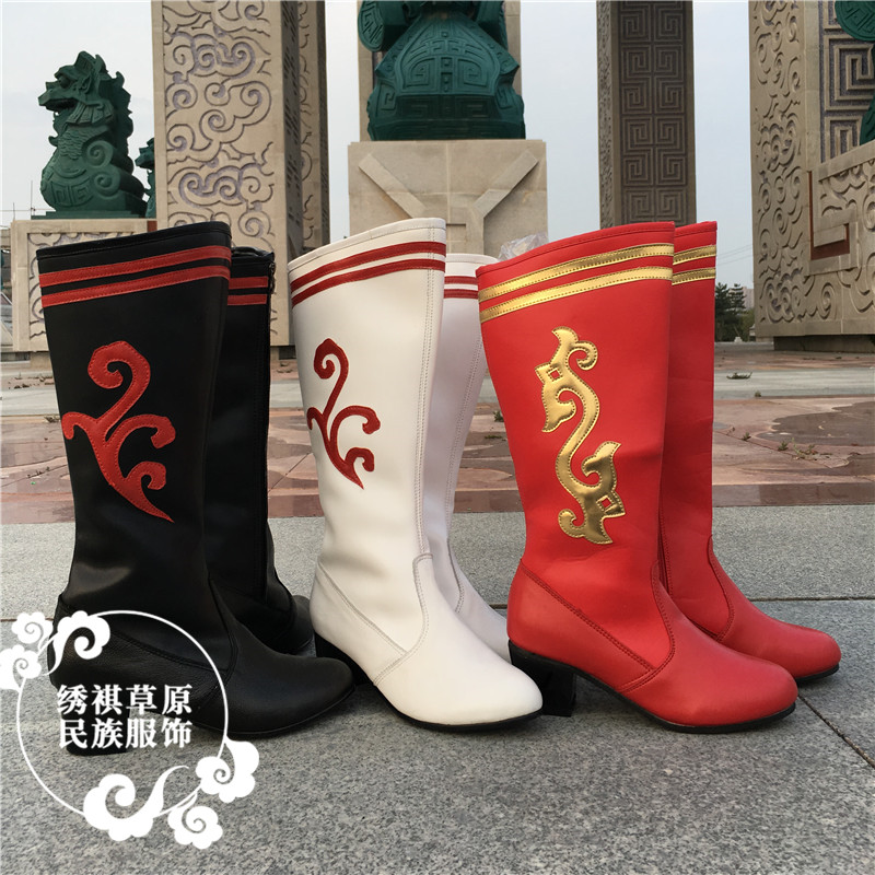 女士蒙古靴成人日常民族风高筒半牛皮高跟靴子蒙古元素舞蹈靴搭配