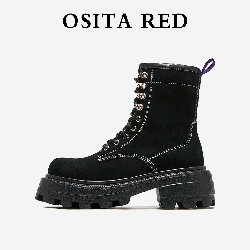 OSITA RED马丁靴厚底女方头靴子 rose同款厚底大头系带高帮大黄靴