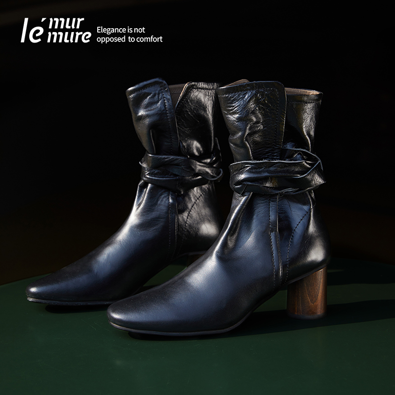 Le' Murmure 原创进口真皮高跟短靴时髦靴子女绕带靴2024春季新款
