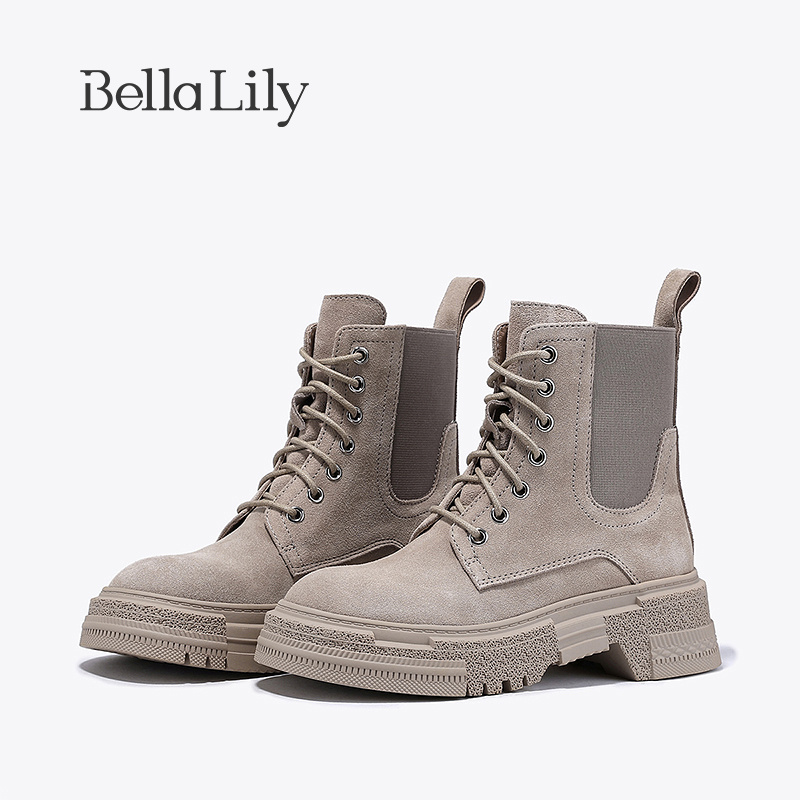 BellaLily新款复古牛皮马丁靴女帅气中筒靴增高厚底机车靴子
