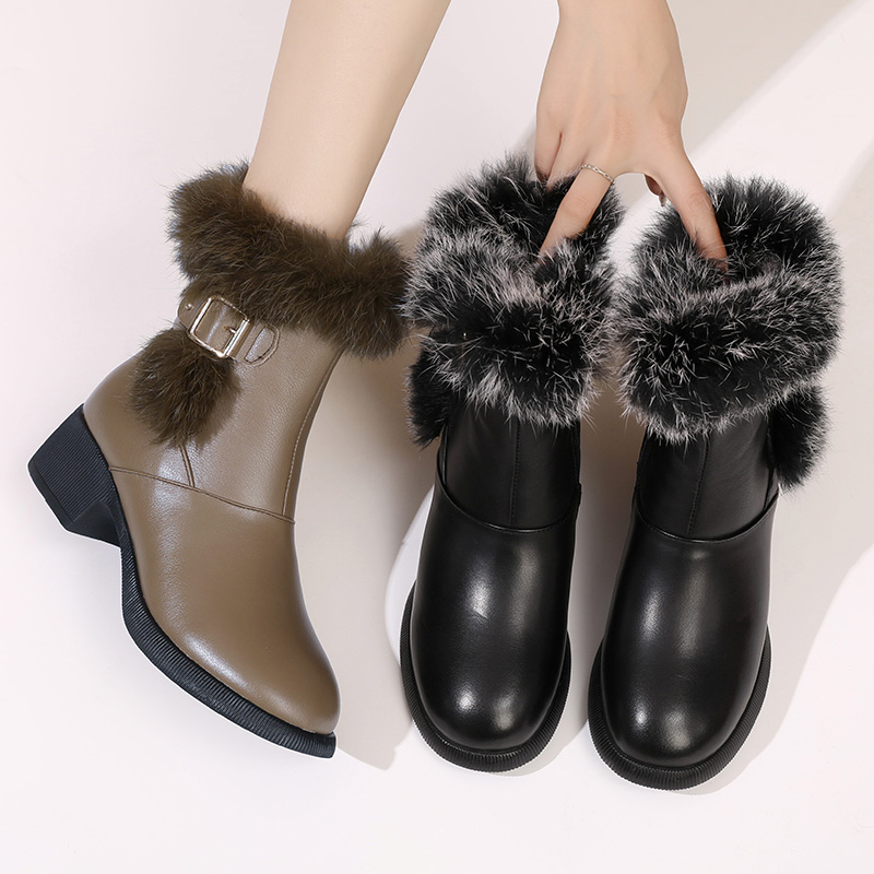 靴子2023大码女靴41一43冬季新款爆款真皮长靴加厚保暖粗跟兔毛靴