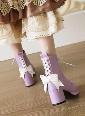 原创正品女靴lolita蝴蝶结系带马丁靴中跟圆头短靴子甜美小码女鞋