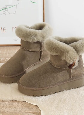 雪保地靴2IWI02女3棉新款冬季皮毛一体牛角扣短筒靴子女鞋防滑暖
