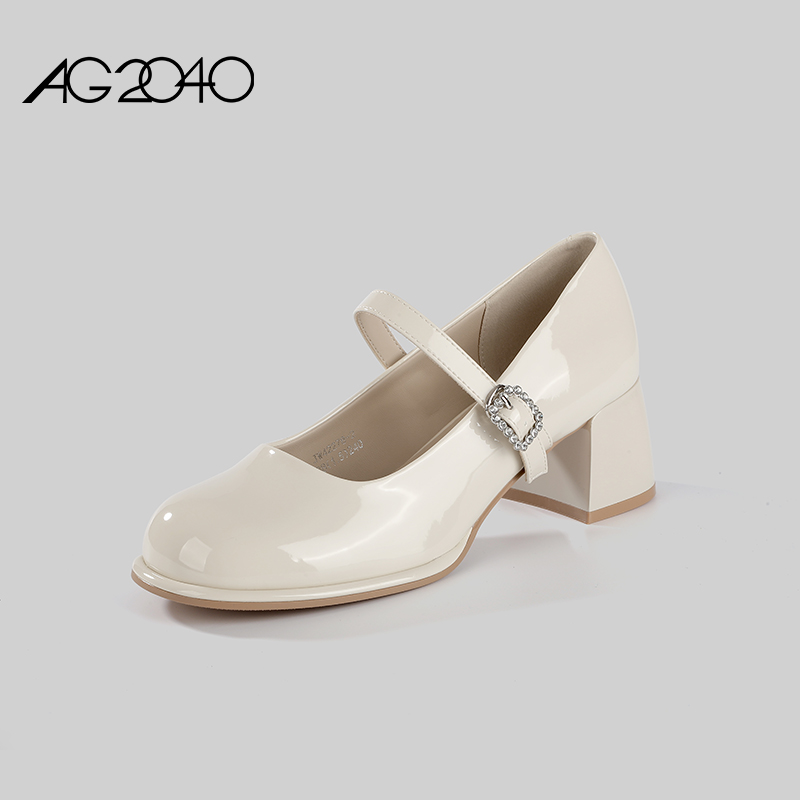 AG2040玛丽珍高跟女鞋春夏新款时尚一字带休闲皮鞋法式粗跟单鞋