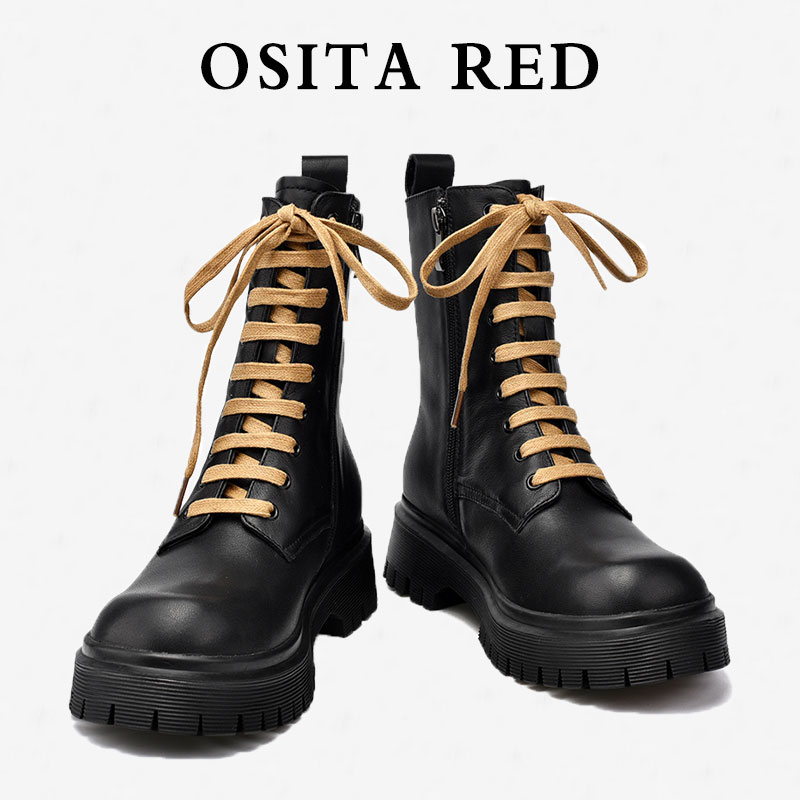 OSITA RED网红2022年马丁靴女英伦风内增高7CM小个子厚底黑短靴子