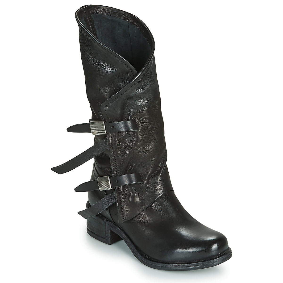 AS98女鞋子圆头长筒靴正品气质显瘦牛皮靴子黑色冬季意大利品牌