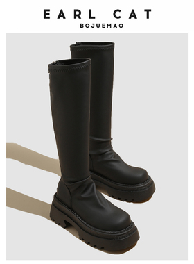 伯爵猫长筒靴女2024冬季新款小个子高筒时装靴时尚厚底靴子骑士靴