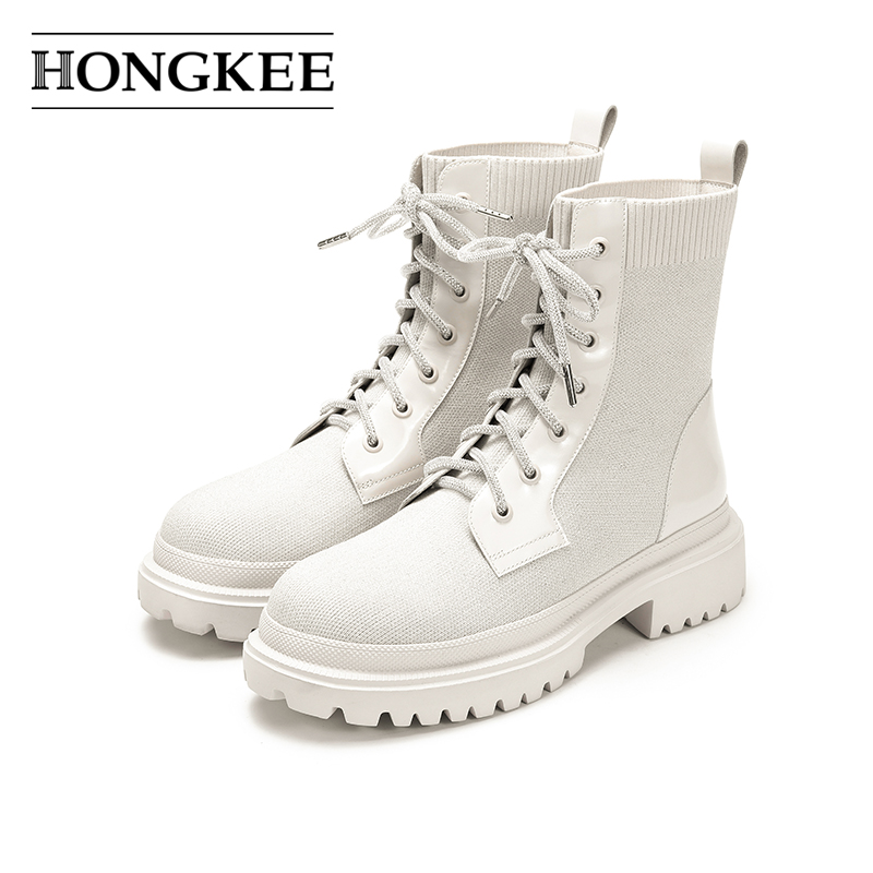 Hongkee/红科女靴2022秋冬新款针织时尚短靴系带白色靴子HD92F401