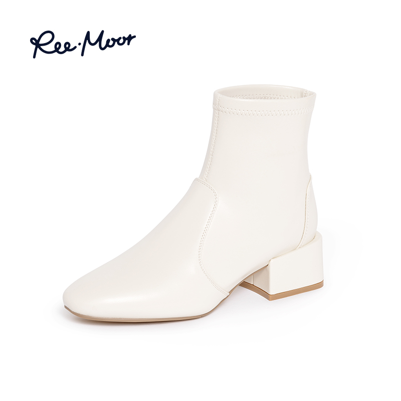 REEMOOR睿慕冬季新款粗跟白色瘦瘦靴子女复古气质休闲短靴