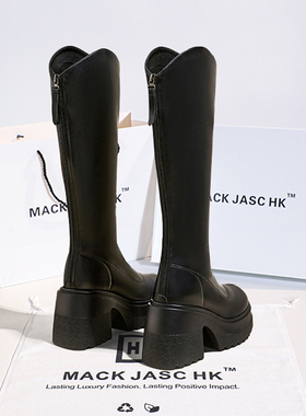 香港MACKHK真皮12CM高跟长靴子2024春秋季新款厚底增高筒长筒靴女