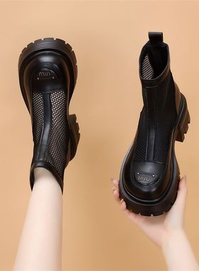 真皮马丁靴女2024新款夏季靴子镂空网纱鞋薄款透气网面短靴酷显瘦