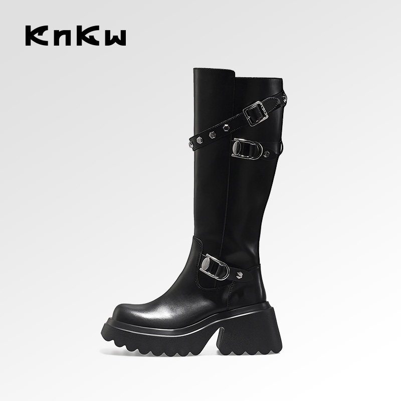 knkw哑光骑士靴2023新款长筒靴女冬黑色小个子高跟长靴厚底靴子潮