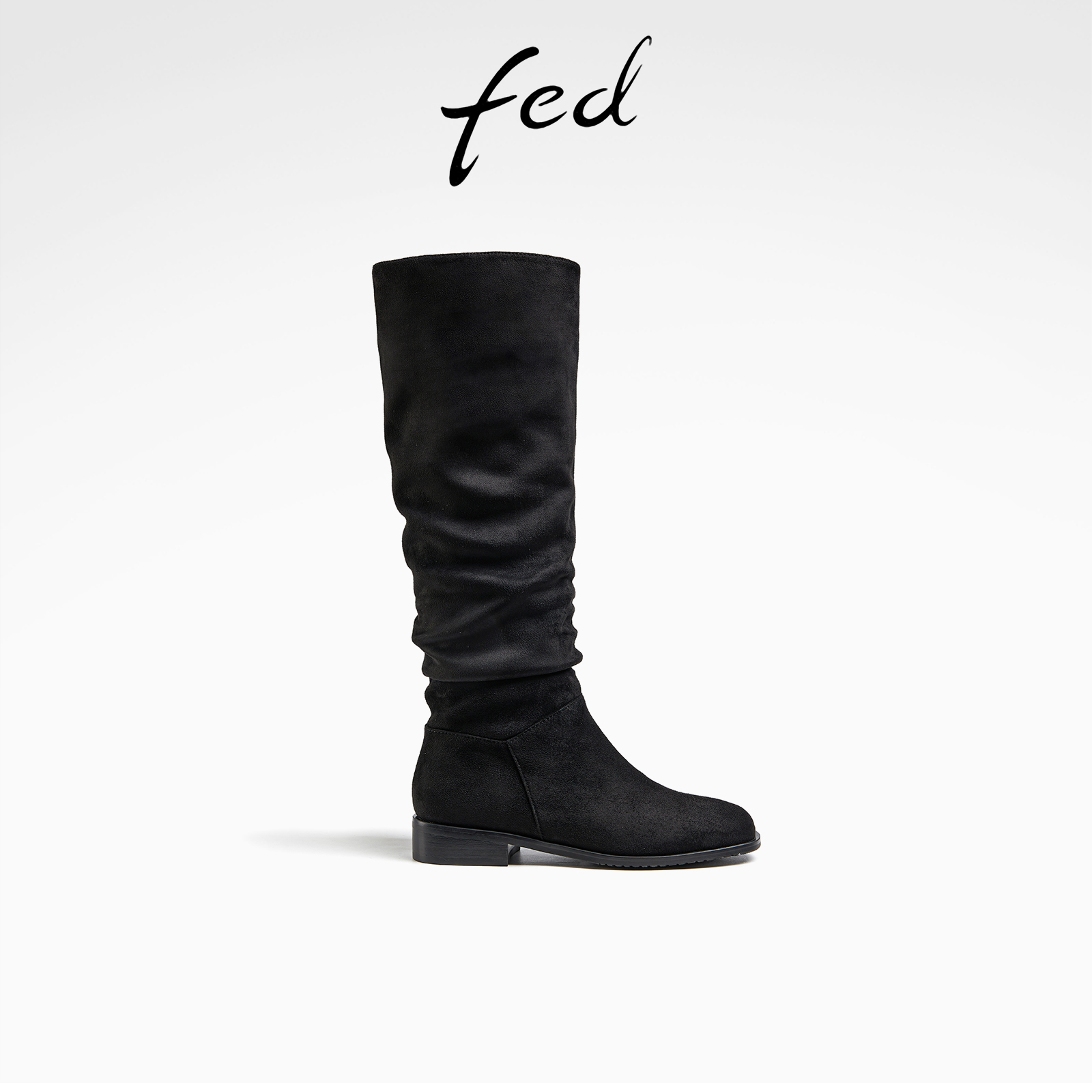 fed黑色长筒靴冬季新款靴子绒面堆堆靴平底时装靴女款R1027-ZF330